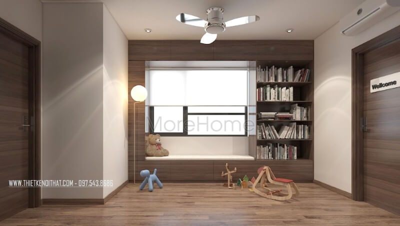 Kệ sách gỗ công nghiệp hiện đại, KTS bố trí thêm khu vực ngồi ngay cạnh cửa sổ tạo cho gia chủ đọc sách thoải mái hơn