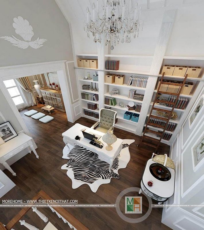 Kệ sách được thiết kế âm tường tạo không gian thoáng, ấn tượng hơn cho căn phòng