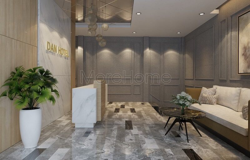 Bộ sofa bọc vải màu trắng đẹp mang đến vẻ đẹp tính tế, sang trọng cho quầy lễ tân khách sạn