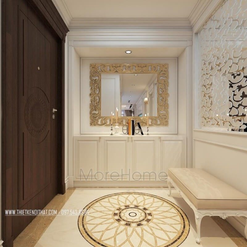 Gương trang trí mạ vàng với đường cong tinh tế nhấn nhá thêm cho không gian nội thất tân cổ điển sang trọng