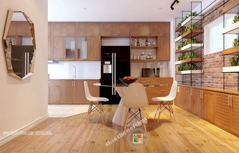 Trang trí phòng ăn tinh tế cho nhà phố, chung cư với sàn gỗ đẹp kết hợp giương treo tường ấn tượng giúp không gian thêm sang trọng và lôi cuốn