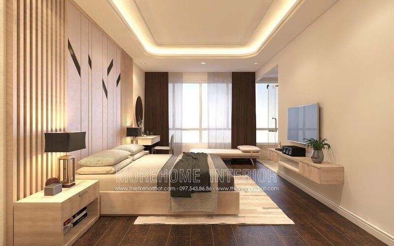 Giường hộp gỗ công nghiệp thanh thoát kết hợp với màu nâu của sàn gỗ mang đến không gian ấm áp, lãng mạn cho phòng ngủ