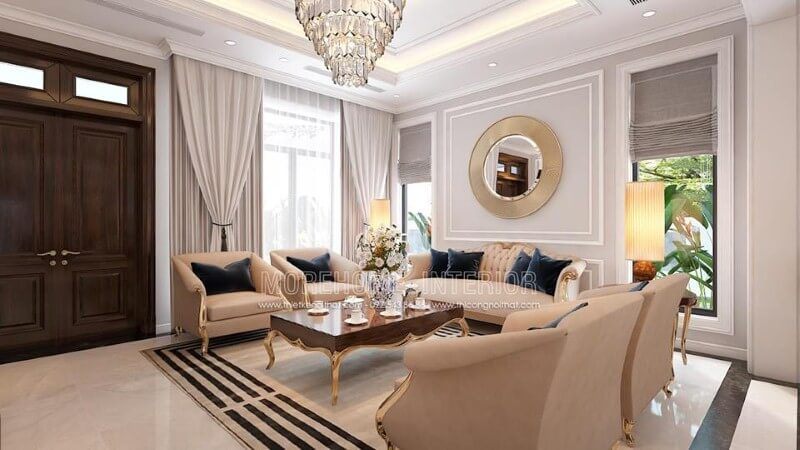 Cửa chính 2 cánh phòng khách ấn tượng với đường vân đẹp mắt cùng gam trầm độc đáo từ gỗ óc chó tự nhiên cao cấp.