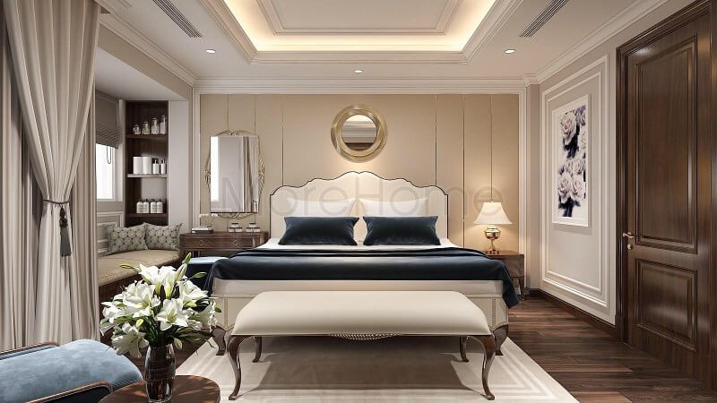 Thiết kế mẫu giường ngủ khung gỗ tự nhiên bọc da cao cấp với đường nét uốn lượn tinh tế, tông màu sáng sang trọng cho phòng ngủ