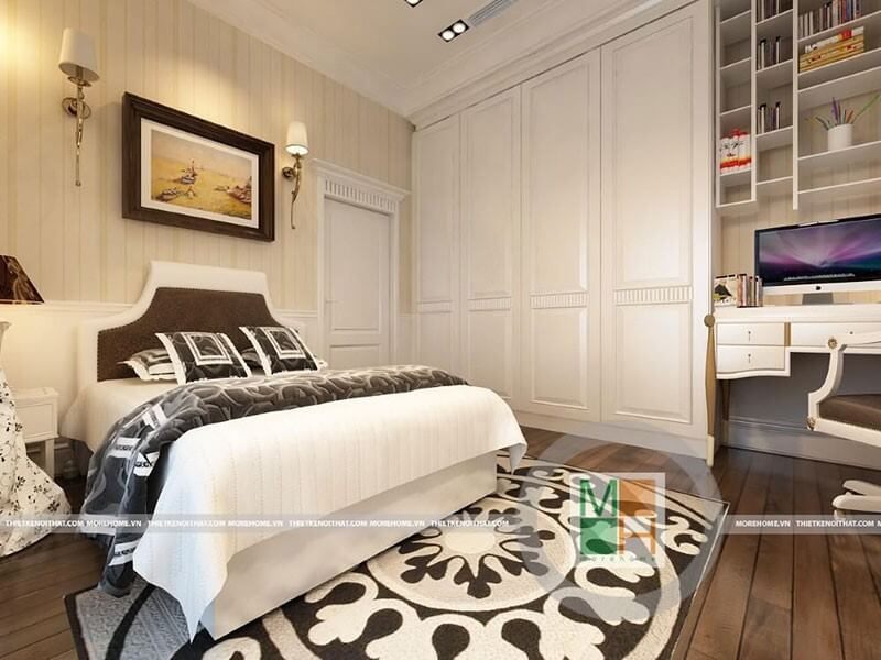 Thiết kế nội thất phòng ngủ với tone màu trắng chủ đạo cùng cách trang trí tân cổ điển ấn tượng tạo nên không gian ấm cúng, độc đáo
