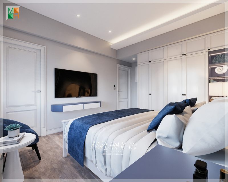 Tủ quần áo 4 cánh gỗ tự nhiên tone màu trắng mang đến sự tiện nghi và đóng vai trò là điểm nhấn giúp không gian trở nên sang trọng hơn.