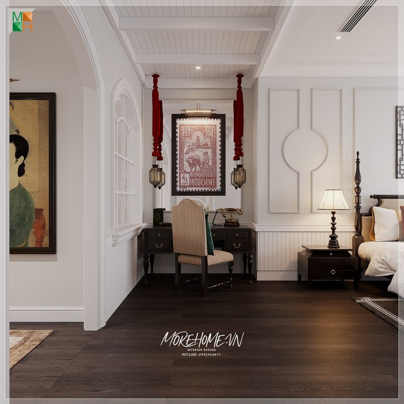 Mẫu ghế gỗ tự nhiên sơn đen bọc nỉ màu kem cho bàn làm việc phong cách Indochine sang trọng