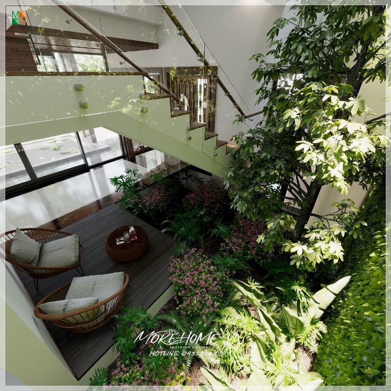 Cầu thang gỗ hiện đại có thiết kế thông thoáng, mang đến không gian mở mát mẻ.